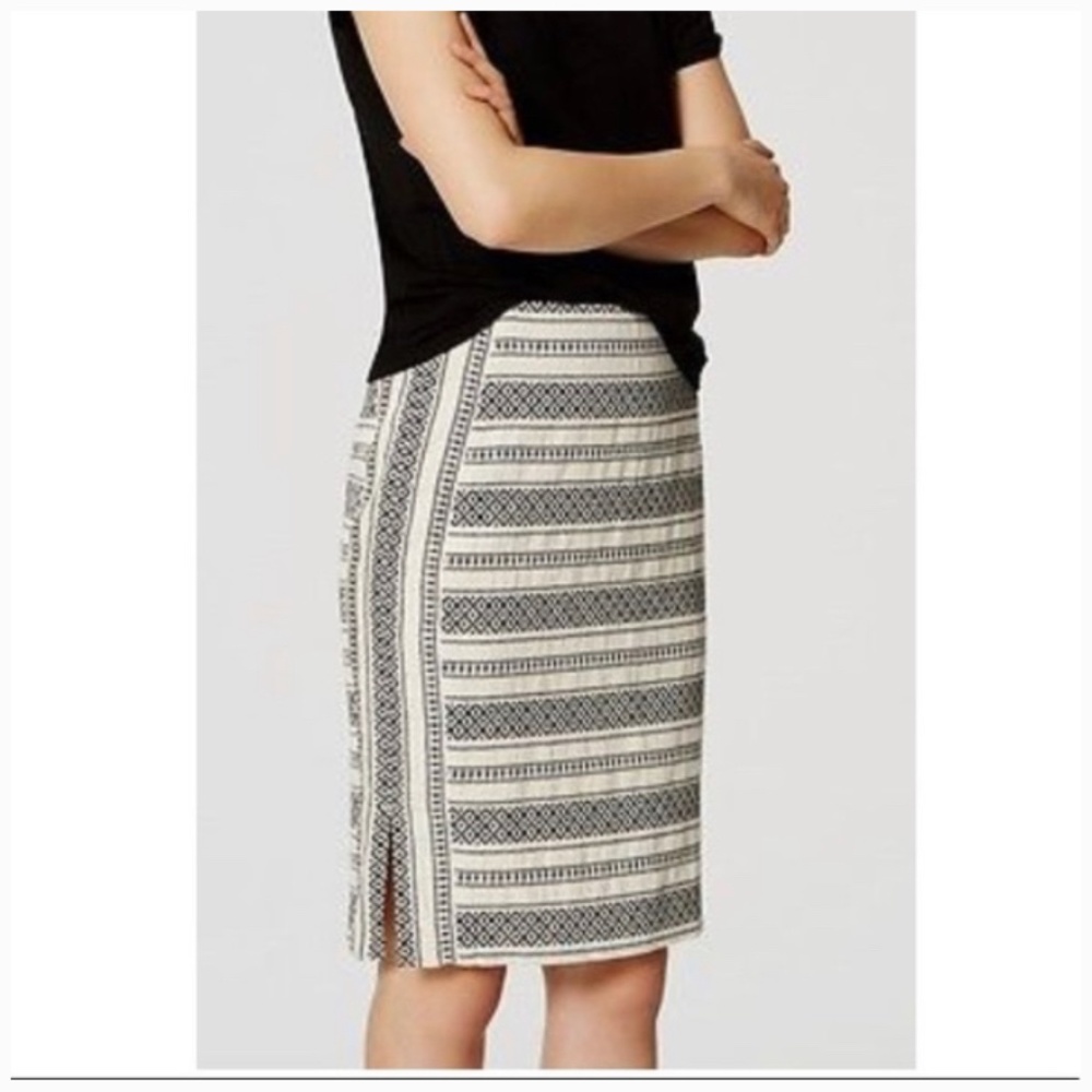 LOFT Embroidered Pencil Skirt New Black White Mosaic Tribal